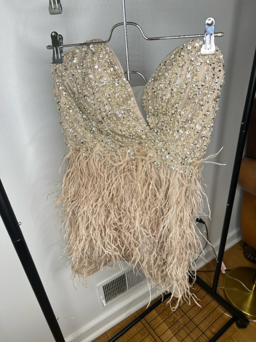 Beaded Feathered Nude/Champagne Prom Dress